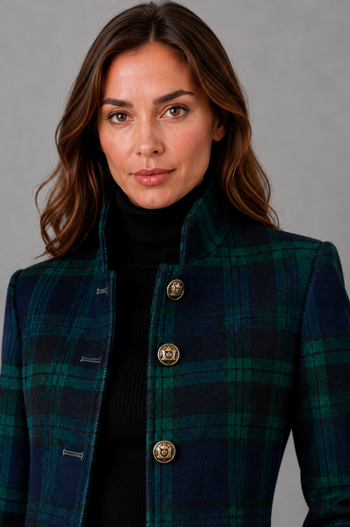 Women’s Tailored Plaid Jacket – Structured Mid-Length Check Coat