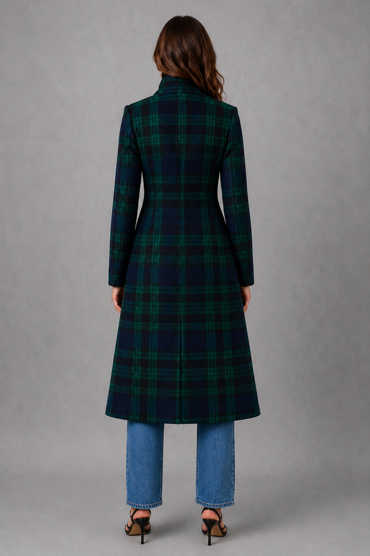 Women’s Tailored Plaid Jacket – Structured Mid-Length Check Coat