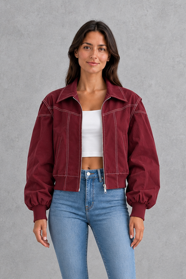 Women’s Vegan Leather Zip Jacket – Contrast Stitch Tailored Coat