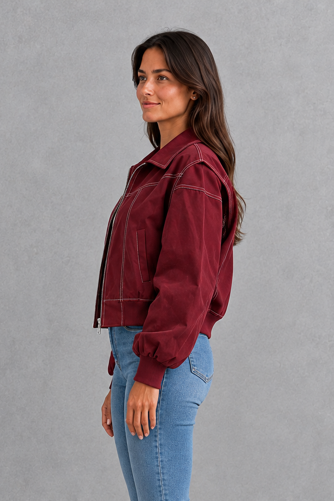 Women’s Vegan Leather Zip Jacket – Contrast Stitch Tailored Coat