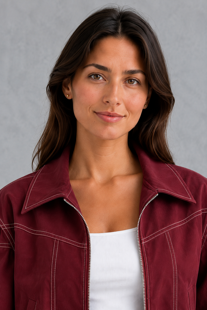 Women’s Vegan Leather Zip Jacket – Contrast Stitch Tailored Coat