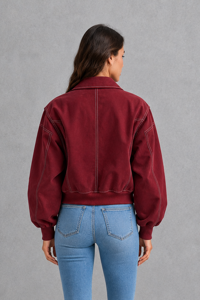 Women’s Vegan Leather Zip Jacket – Contrast Stitch Tailored Coat