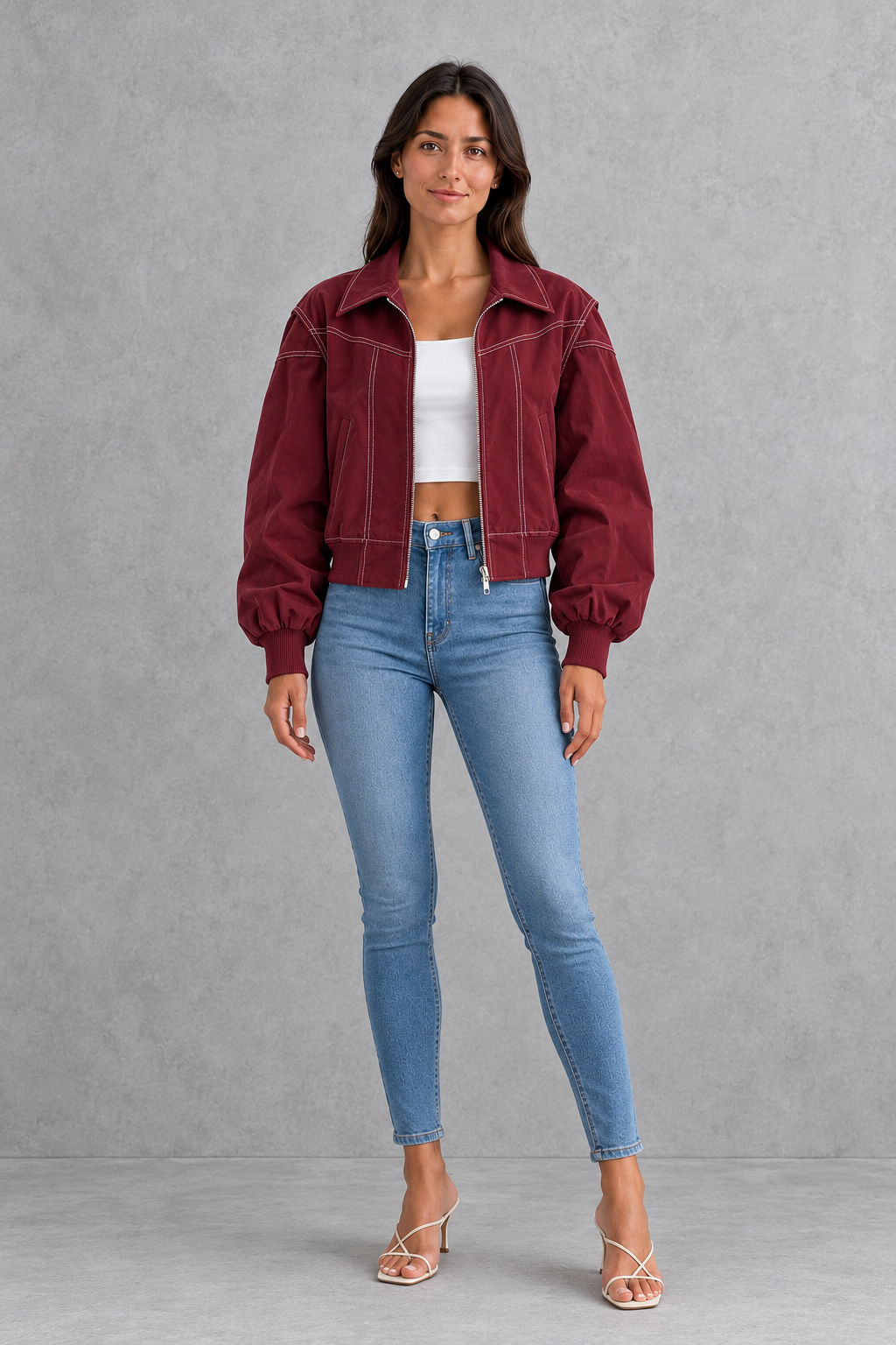Women’s Vegan Leather Zip Jacket – Contrast Stitch Tailored Coat