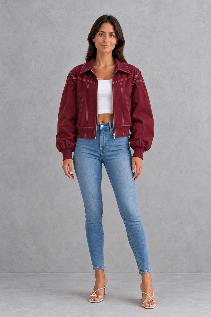 Women’s Vegan Leather Zip Jacket – Contrast Stitch Tailored Coat