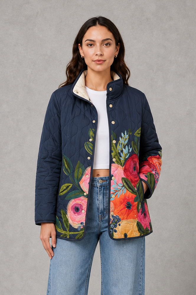 Women’s Floral Quilted Jacket – Lightweight Vintage Padded Coat