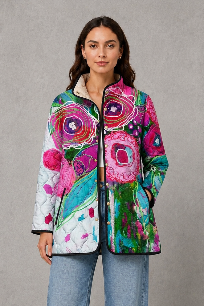 Women’s Floral Quilted Jacket – Lightweight Vintage Padded Coat