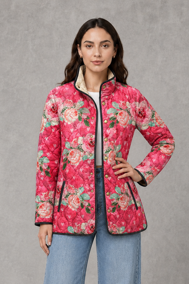 Women’s Floral Quilted Jacket – Lightweight Vintage Padded Coat