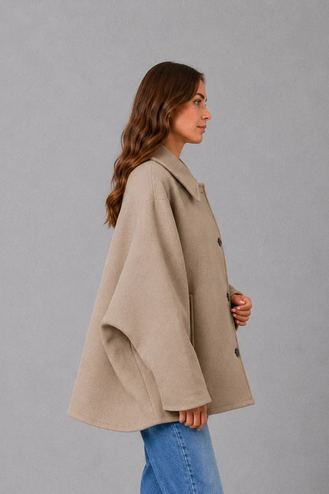 Women’s Oversized Button Front Coat – Wool Blend Coat with Pockets