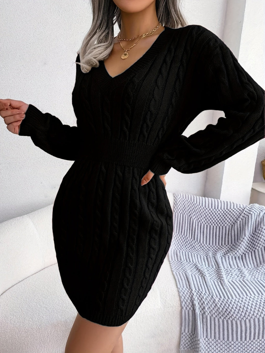 Tabitha | Cable-Knit Cinched-Waist Sweater Dress