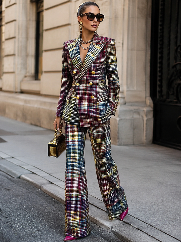 Checked Double-Breasted Suit Set for Women