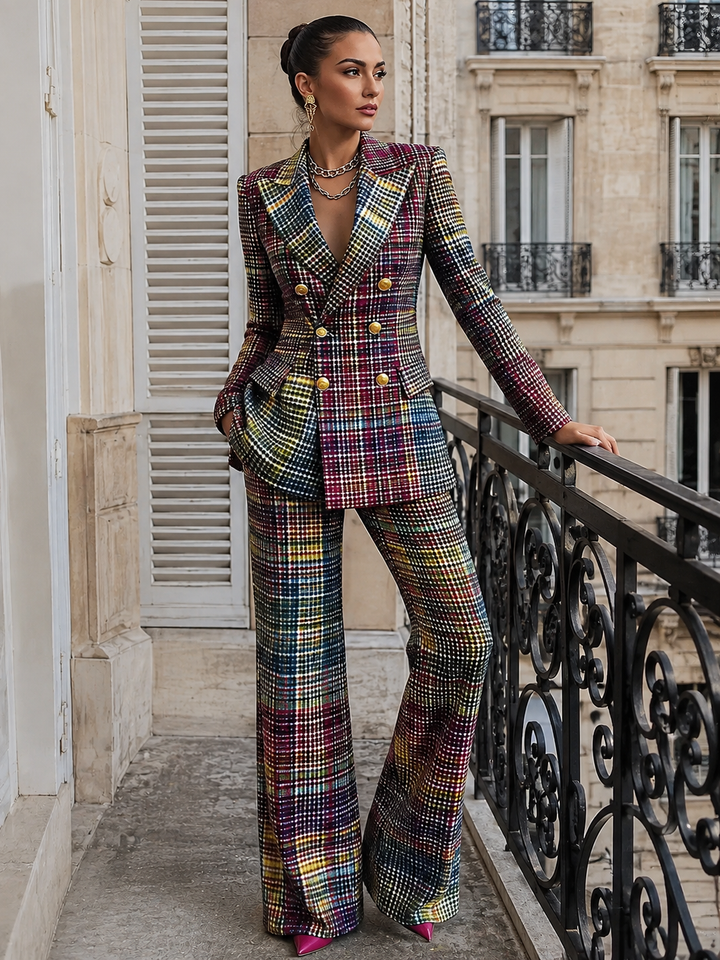 Checked Double-Breasted Suit Set for Women