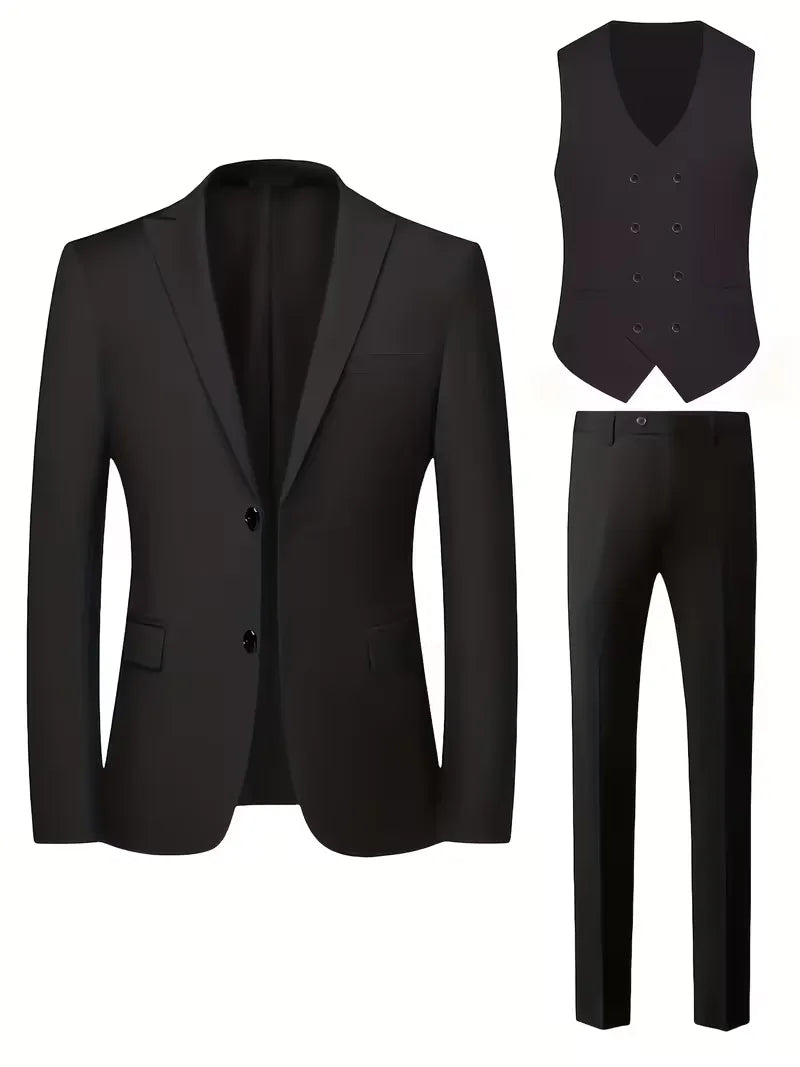 Slim Fit Double-Breasted Three-Piece Suit Set with Waistcoat for Men