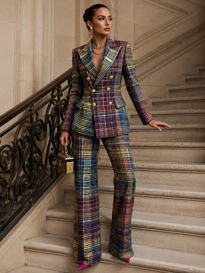 Checked Double-Breasted Suit Set for Women