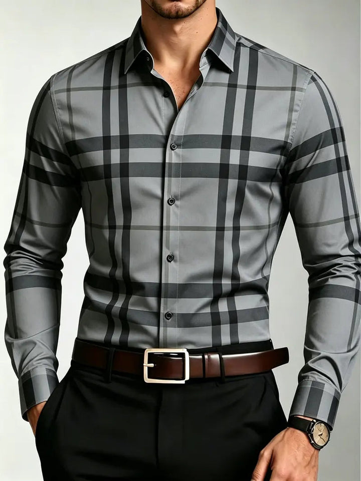Men’s Casual Button Up Shirt Long Sleeve Checked Pattern Dress Top