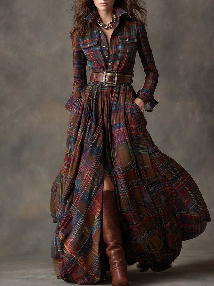 Button-Front Tartan Shirt Winter Dress with Belt for Women