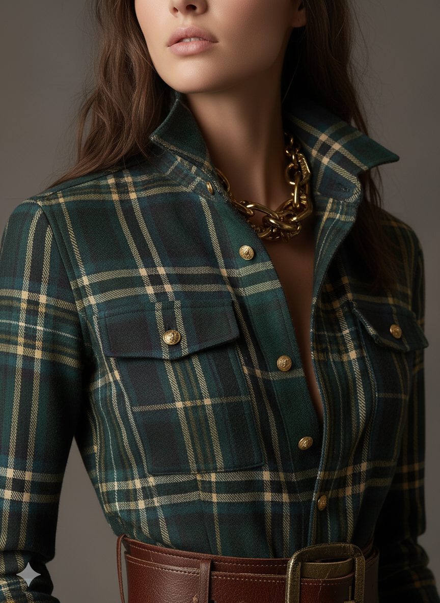 Button-Front Tartan Shirt Winter Dress with Belt for Women