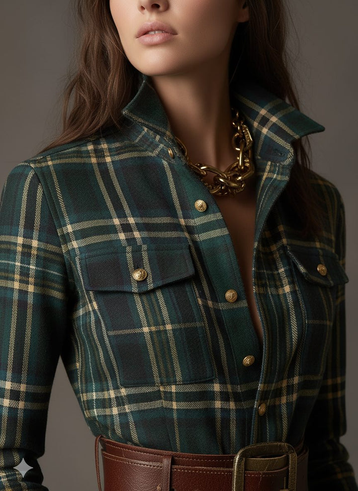 Button-Front Tartan Shirt Winter Dress with Belt for Women