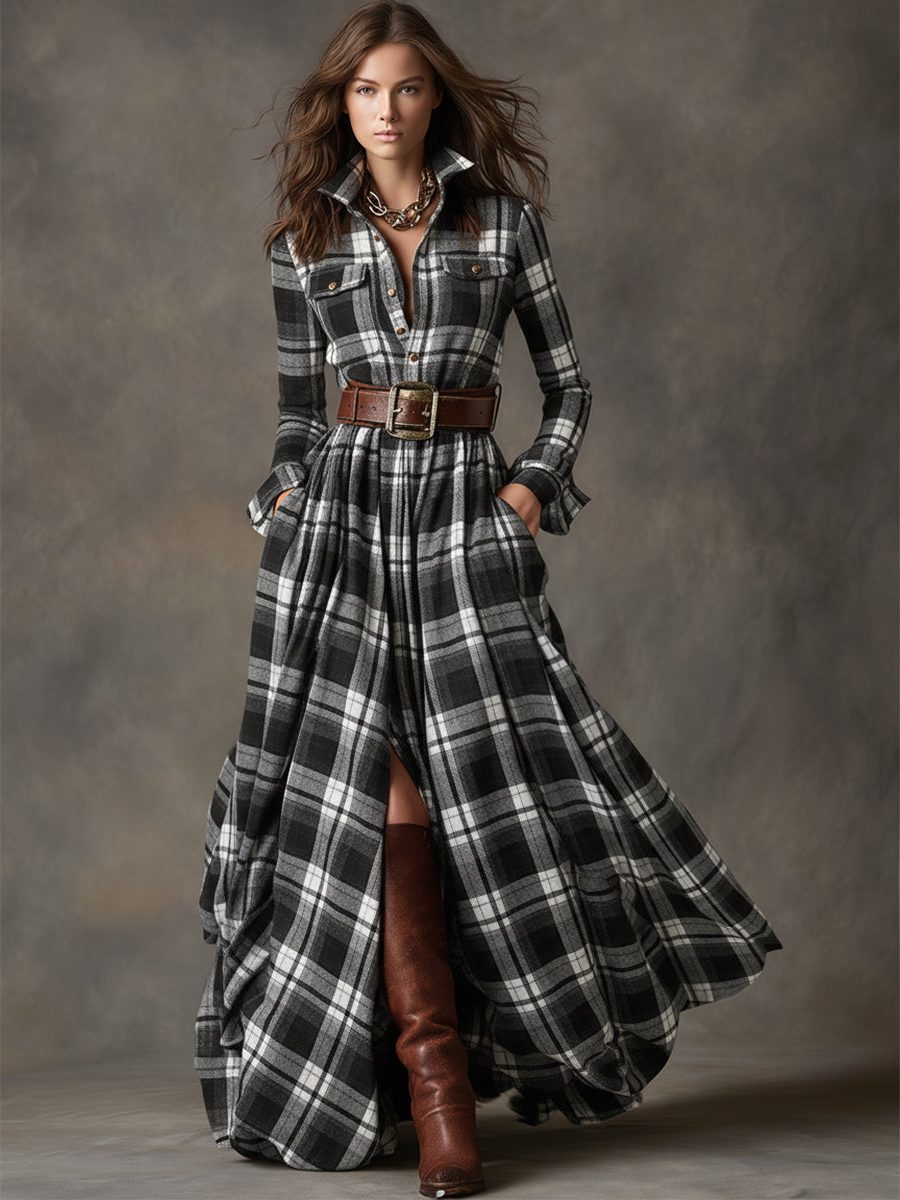 Button-Front Tartan Shirt Winter Dress with Belt for Women