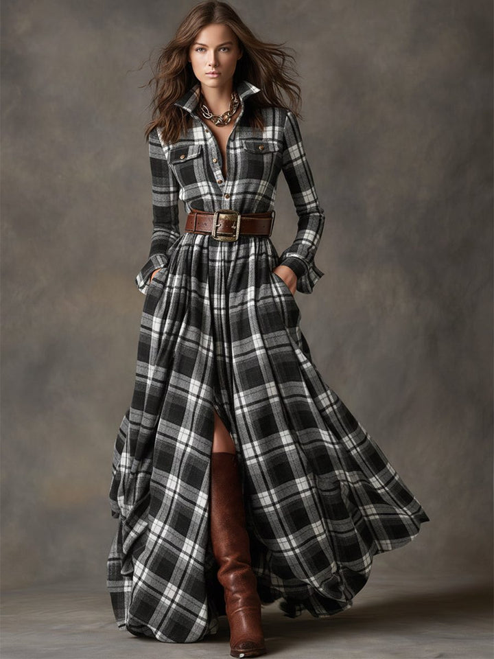 Button-Front Tartan Shirt Winter Dress with Belt for Women