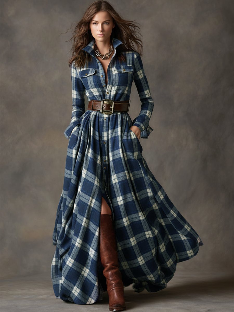 Button-Front Tartan Shirt Winter Dress with Belt for Women