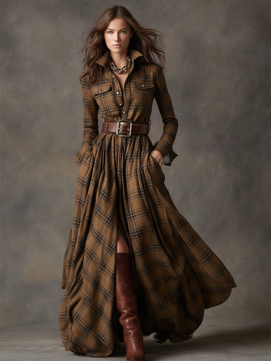 Button-Front Tartan Shirt Winter Dress with Belt for Women