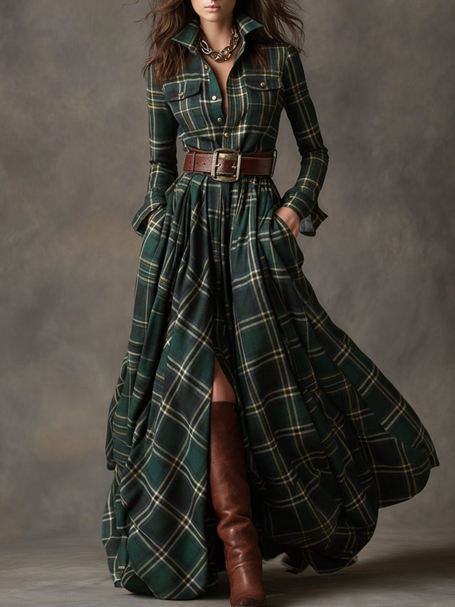 Button-Front Tartan Shirt Winter Dress with Belt for Women
