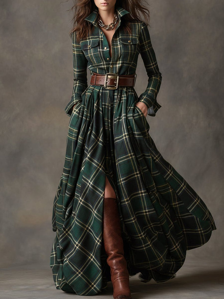 Button-Front Tartan Shirt Winter Dress with Belt for Women