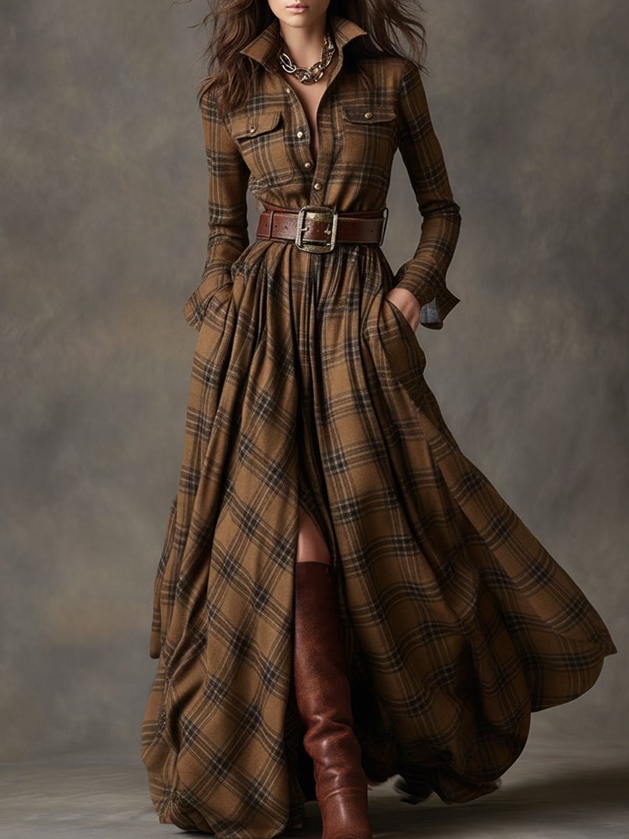 Button-Front Tartan Shirt Winter Dress with Belt for Women