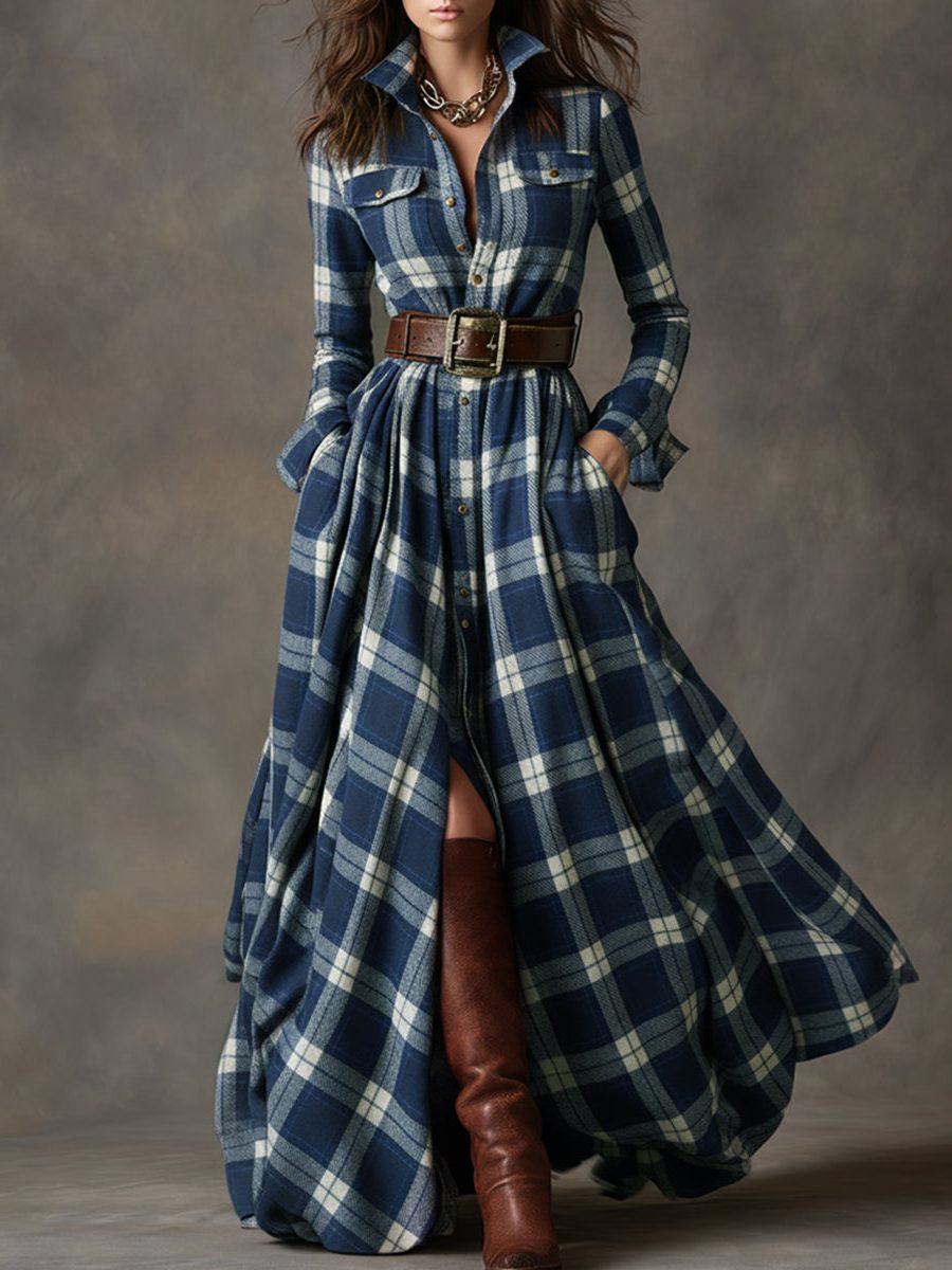 Button-Front Tartan Shirt Winter Dress with Belt for Women