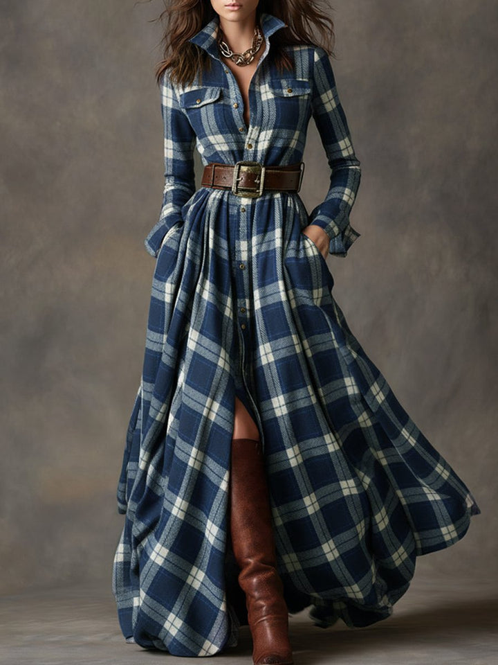 Button-Front Tartan Shirt Winter Dress with Belt for Women