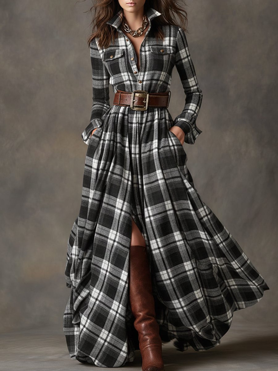 Button-Front Tartan Shirt Winter Dress with Belt for Women