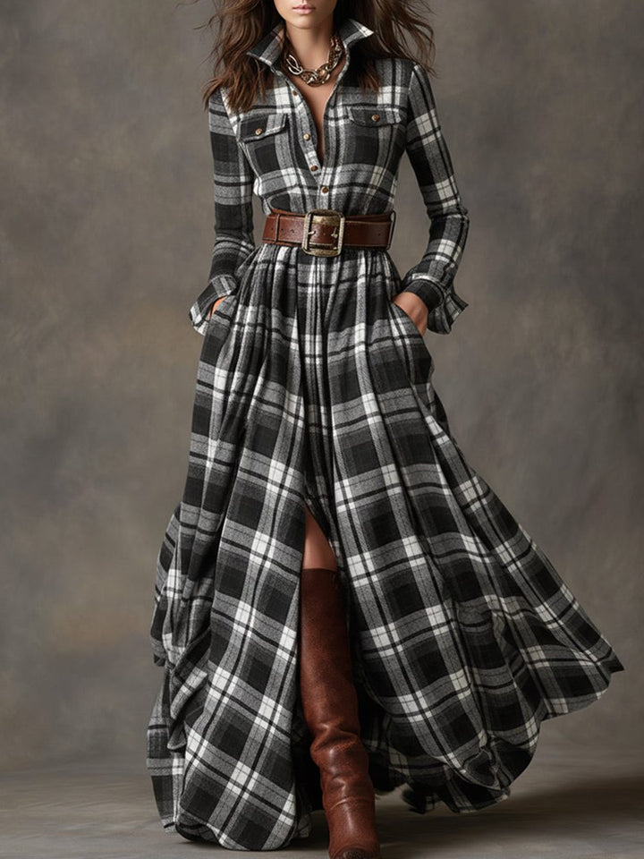 Button-Front Tartan Shirt Winter Dress with Belt for Women