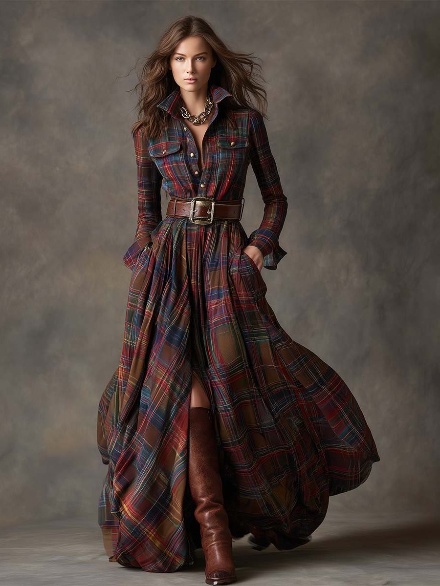 Button-Front Tartan Shirt Winter Dress with Belt for Women