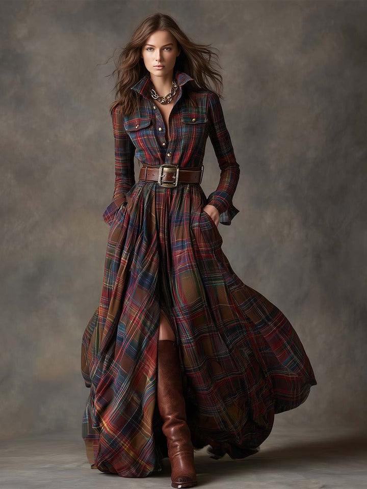 Button-Front Tartan Shirt Winter Dress with Belt for Women