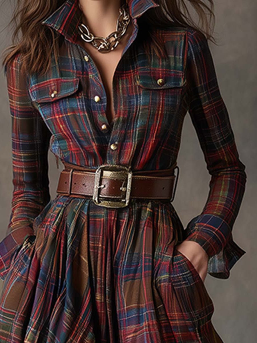 Button-Front Tartan Shirt Winter Dress with Belt for Women