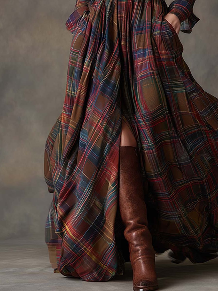 Button-Front Tartan Shirt Winter Dress with Belt for Women