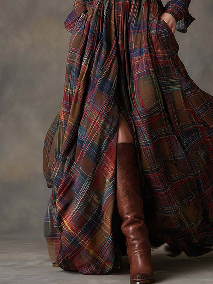 Button-Front Tartan Shirt Winter Dress with Belt for Women