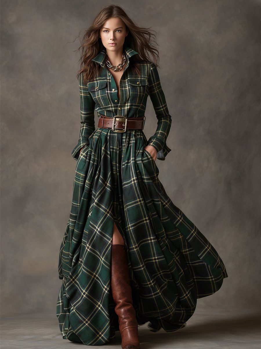 Button-Front Tartan Shirt Winter Dress with Belt for Women