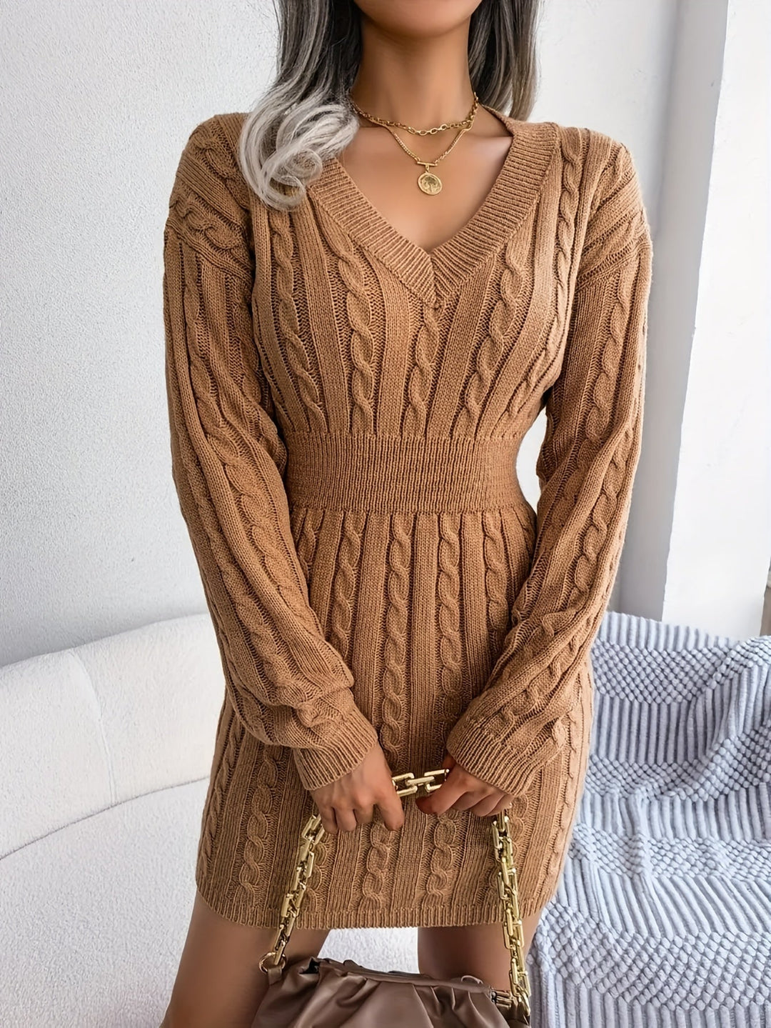 Tabitha | Cable-Knit Cinched-Waist Sweater Dress