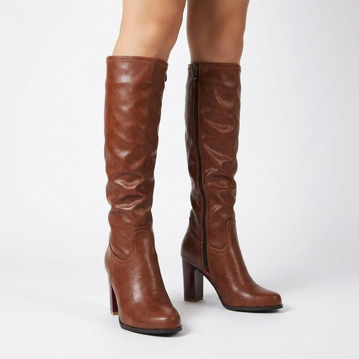 Leather Knee-High Block Heel Boots with Side Zip for Women