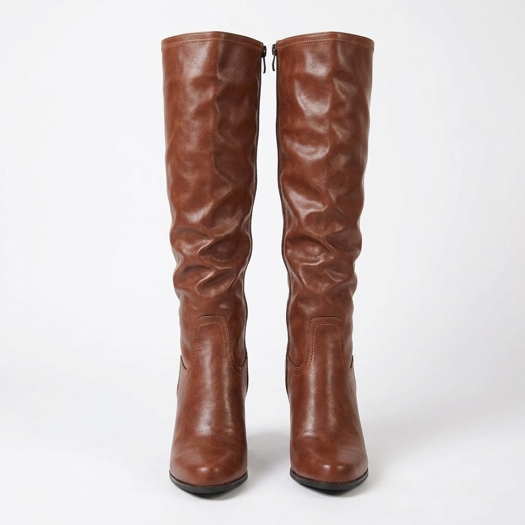 Leather Knee-High Block Heel Boots with Side Zip for Women