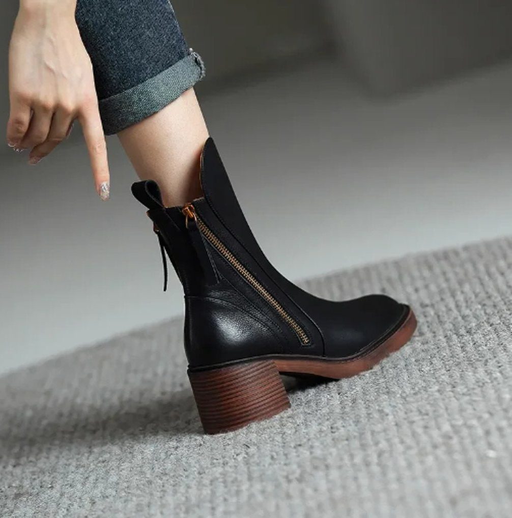 Block Heel Ankle Boots with Zip for Women