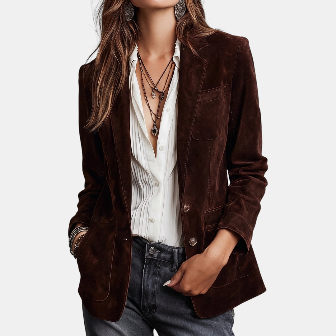 Women's Tailored Suede Blazer, Notch Lapel Button Front