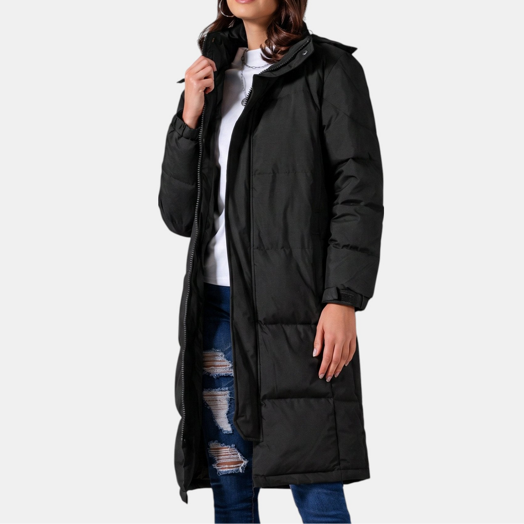 Women's Winter Long Puffer Jacket, Zip Front Side Pockets