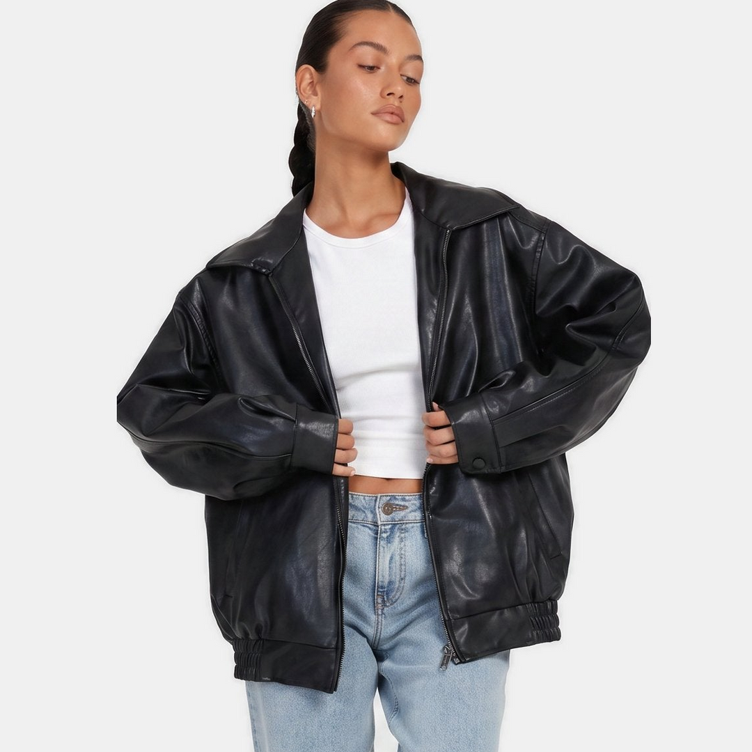 Women's Oversized Leather Bomber Jacket, Zip Front