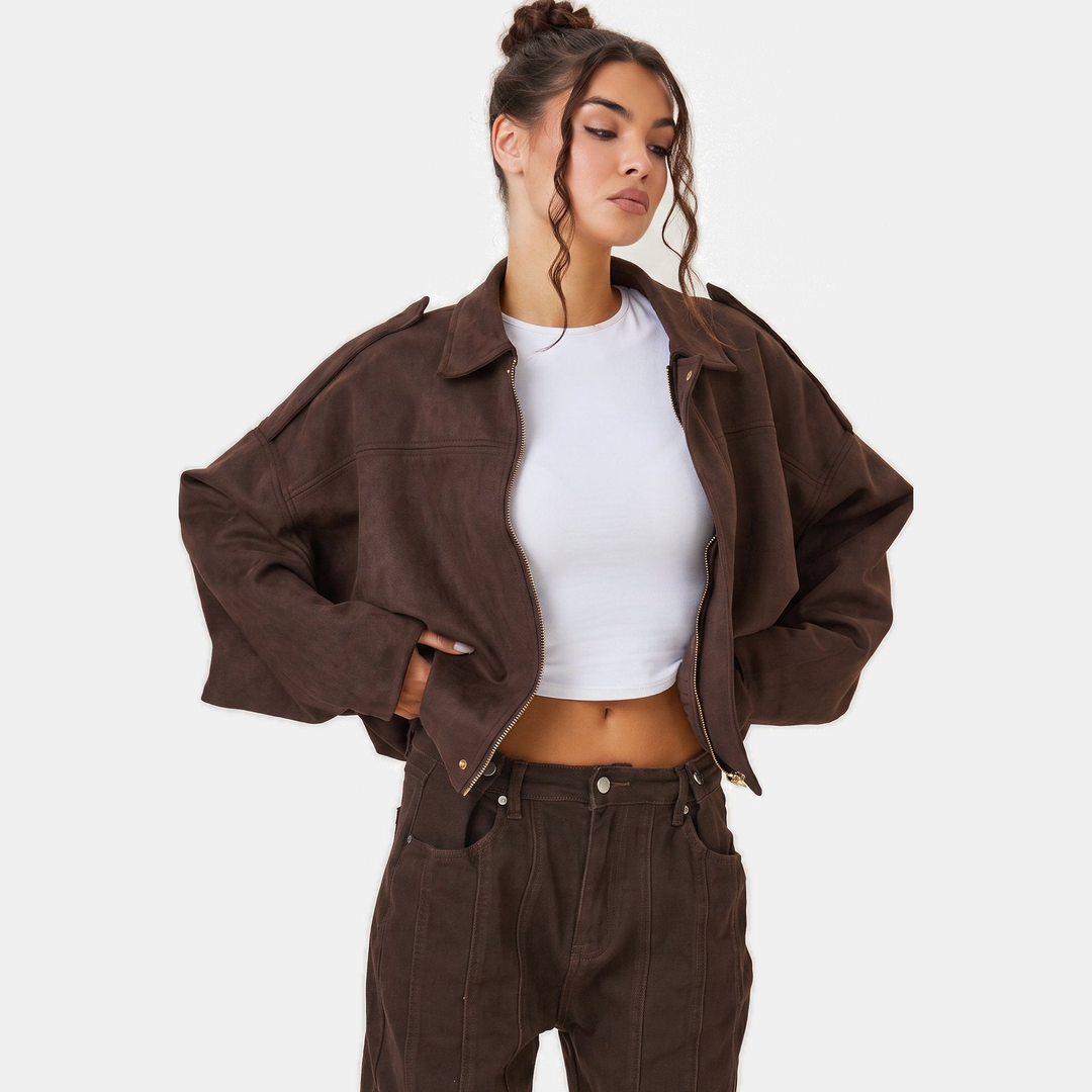 Women's Oversized Suede Bomber Jacket, Button Front