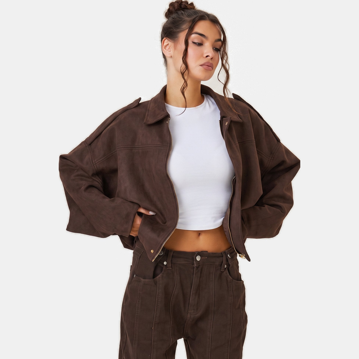 Women's Oversized Suede Bomber Jacket, Button Front