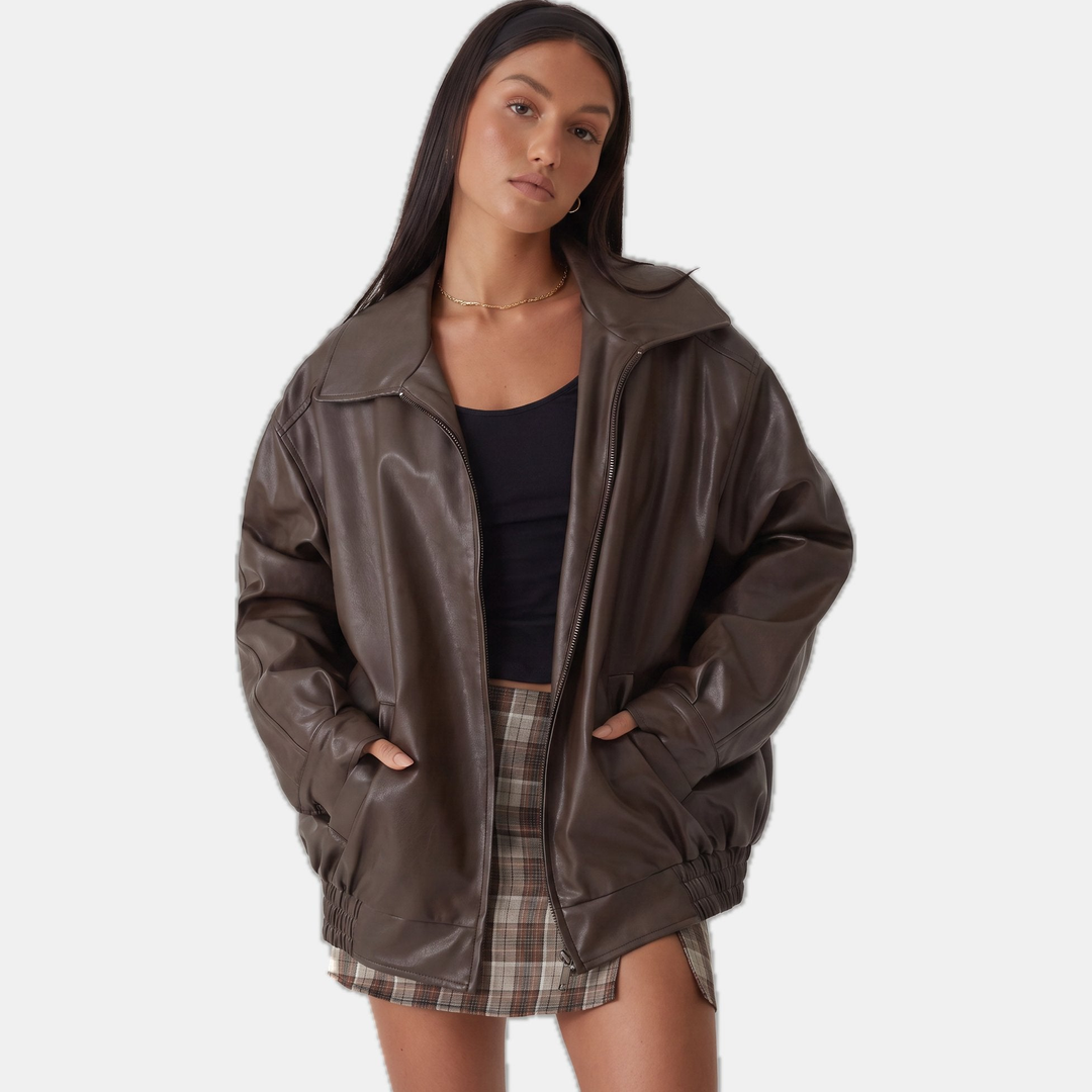 Women's Oversized Leather Bomber Jacket, Zip Front