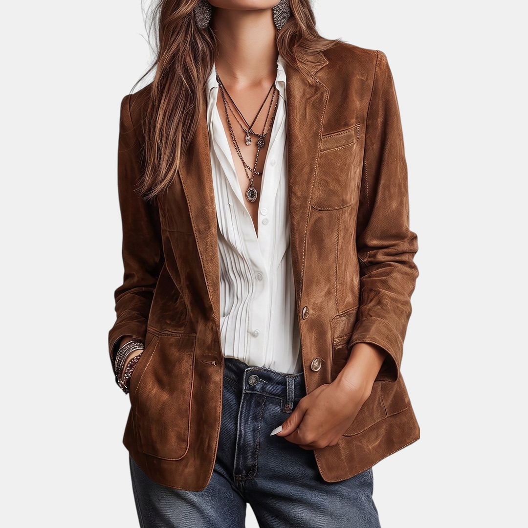 Women's Tailored Suede Blazer, Notch Lapel Button Front