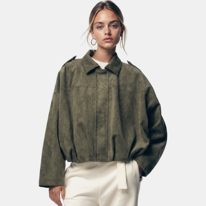 Women's Oversized Suede Bomber Jacket, Button Front